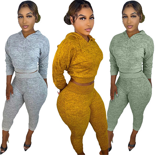 Knitted Hoodies Crop Top Joggers Sweat Pants Set XMY-9327