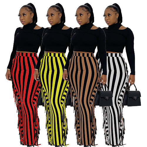 Stripe High Waist Tassel Side Bodycon Pencil Skirts AIL-188