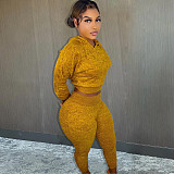 Knitted Hoodies Crop Top Joggers Sweat Pants Set XMY-9327