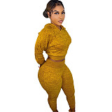 Knitted Hoodies Crop Top Joggers Sweat Pants Set XMY-9327