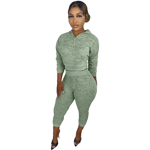 Knitted Hoodies Crop Top Joggers Sweat Pants Set XMY-9327