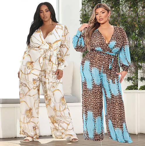 Leopard Print Long Sleeves Deep V Wide Leg Jumpsuits JLY-19237