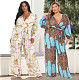 Leopard Print Long Sleeves Deep V Wide Leg Jumpsuits JLY-19237