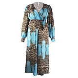 Leopard Print Long Sleeves Deep V Wide Leg Jumpsuits JLY-19237