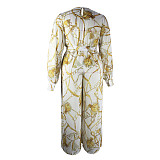 Leopard Print Long Sleeves Deep V Wide Leg Jumpsuits JLY-19237