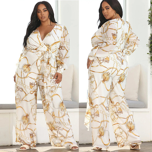 Leopard Print Long Sleeves Deep V Wide Leg Jumpsuits JLY-19237