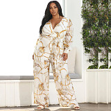 Leopard Print Long Sleeves Deep V Wide Leg Jumpsuits JLY-19237