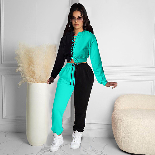 Color Patchwork Bandage Crop Top Sport Pants Set MDF-5259
