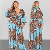 Leopard Print Long Sleeves Deep V Wide Leg Jumpsuits JLY-19237