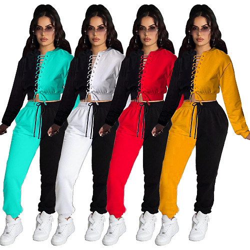 Color Patchwork Bandage Crop Top Sport Pants Set MDF-5259