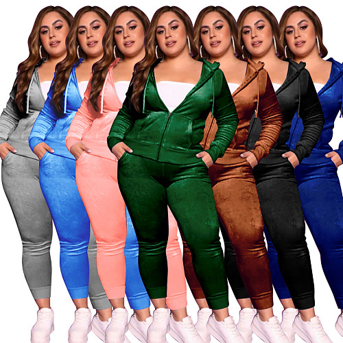 Solid Velvet Hooded Zipper Jacket Tops Pants Set
