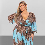 Leopard Print Long Sleeves Deep V Wide Leg Jumpsuits JLY-19237