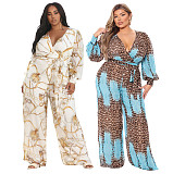 Leopard Print Long Sleeves Deep V Wide Leg Jumpsuits JLY-19237