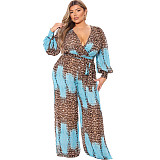 Leopard Print Long Sleeves Deep V Wide Leg Jumpsuits JLY-19237