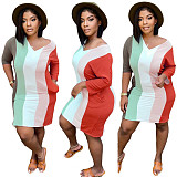 Color Block Striped V Neck Pockets T Shirt Dress