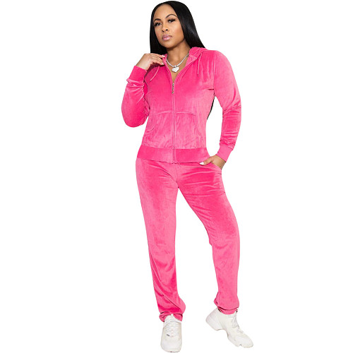 Velvet Zip Hooded Jacket Joggers Pants Set