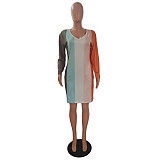 Color Block Striped V Neck Pockets T Shirt Dress