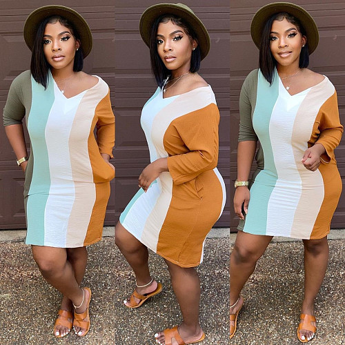 Color Block Striped V Neck Pockets T Shirt Dress