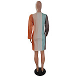 Color Block Striped V Neck Pockets T Shirt Dress