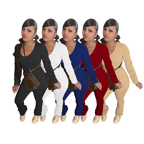 Long Sleeve O Neck T Shirt Tops Stacked Pants Set