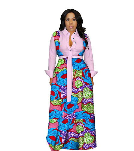 Floral Printed Patchwork Turn Down Big Hem Sashes Dress
