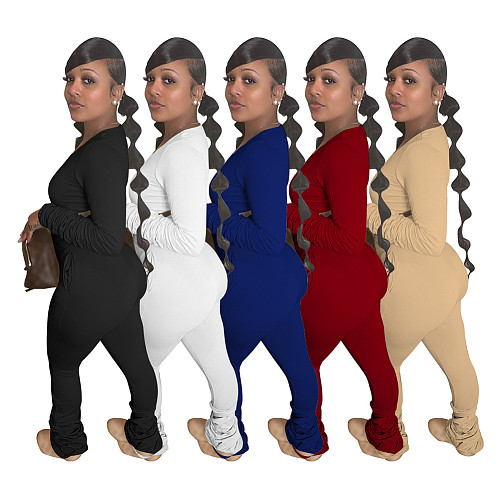Long Sleeve O Neck T Shirt Tops Stacked Pants Set