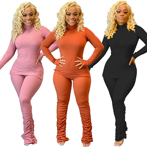 Solid Long Sleeve High Neck T-shirts Pleated Pant Set