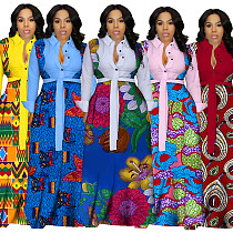 Floral Printed Patchwork Turn Down Big Hem Sashes Dress