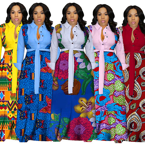 Floral Printed Patchwork Turn Down Big Hem Sashes Dress