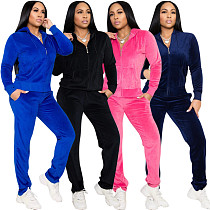 Velvet Zip Hooded Jacket Joggers Pants Set