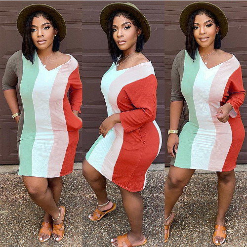 Color Block Striped V Neck Pockets T Shirt Dress