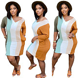 Color Block Striped V Neck Pockets T Shirt Dress