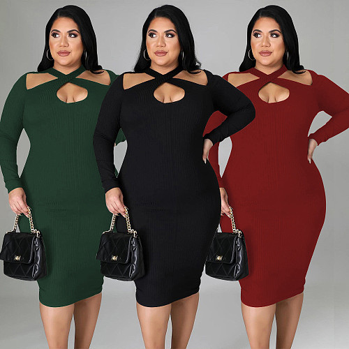 Knitted Hollow Out Long Sleeve Straight Midi Dresses