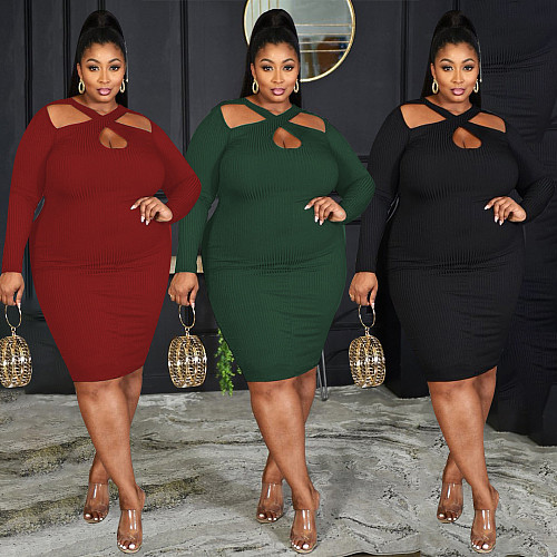 Knitted Hollow Out Long Sleeve Straight Midi Dresses
