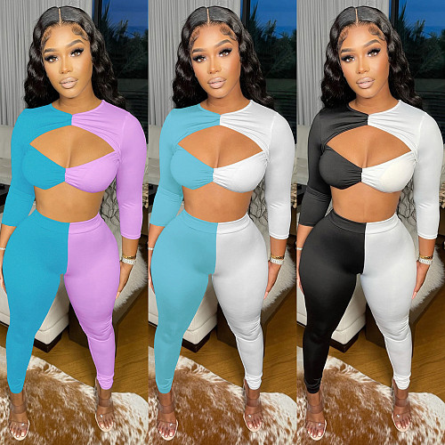 Color Patchwork Hollow Out Crop Tops+Joggers Pants Set