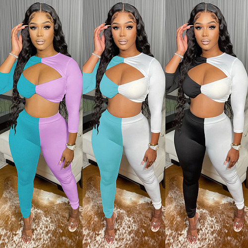 Color Patchwork Hollow Out Crop Tops+Joggers Pants Set