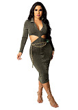 Long Sleeve Hollow Out Waist Button Wrap Maxi Dress