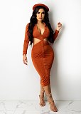 Long Sleeve Hollow Out Waist Button Wrap Maxi Dress