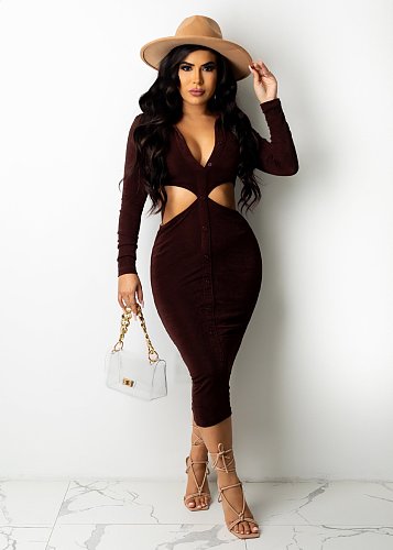 Long Sleeve Hollow Out Waist Button Wrap Maxi Dress