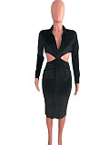 Long Sleeve Hollow Out Waist Button Wrap Maxi Dress