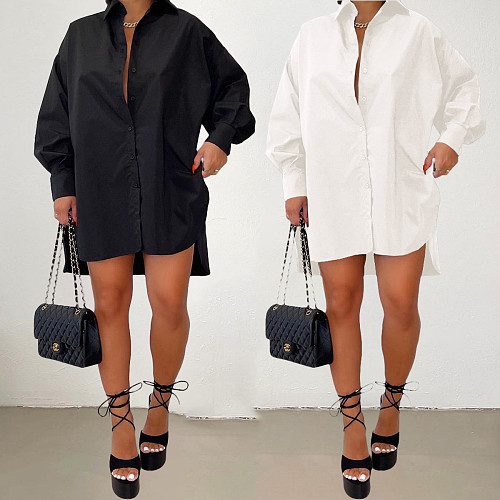 Solid Side Slit Long Sleeve Button Up Shirt Dress