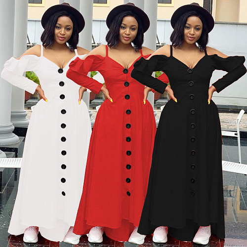 Off Shoulder Ruffled Long Sleeve Single-breasted Dress