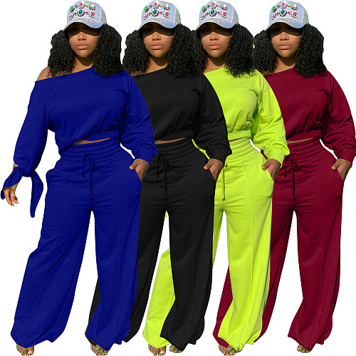 Solid Long Sleeve Lace Up Top+Wide Leg Pants Set