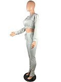 Long Sleeve Solid Crop Top Lace Up Hole Pants Set