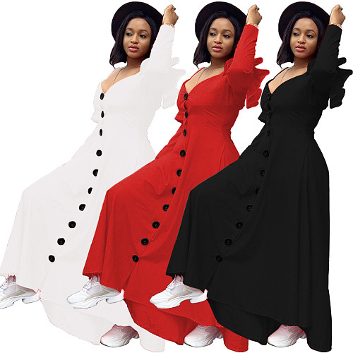 Off Shoulder Ruffled Long Sleeve Single-breasted Dress