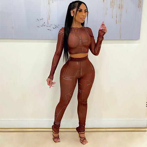 Mesh See Through Letter Printed Crop Top Pants Set