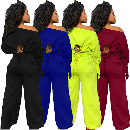 Solid Long Sleeve Lace Up Top+Wide Leg Pants Set