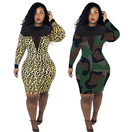 Mesh Patchwork Leopard Camouflage Bodycon Midi Dress