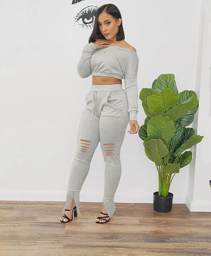 Long Sleeve Solid Crop Top Lace Up Hole Pants Set