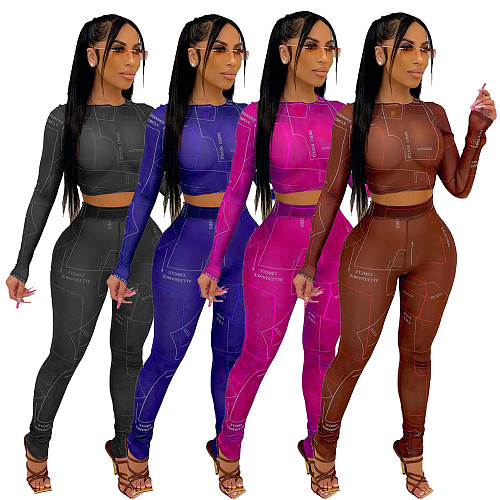 Mesh See Through Letter Printed Crop Top Pants Set